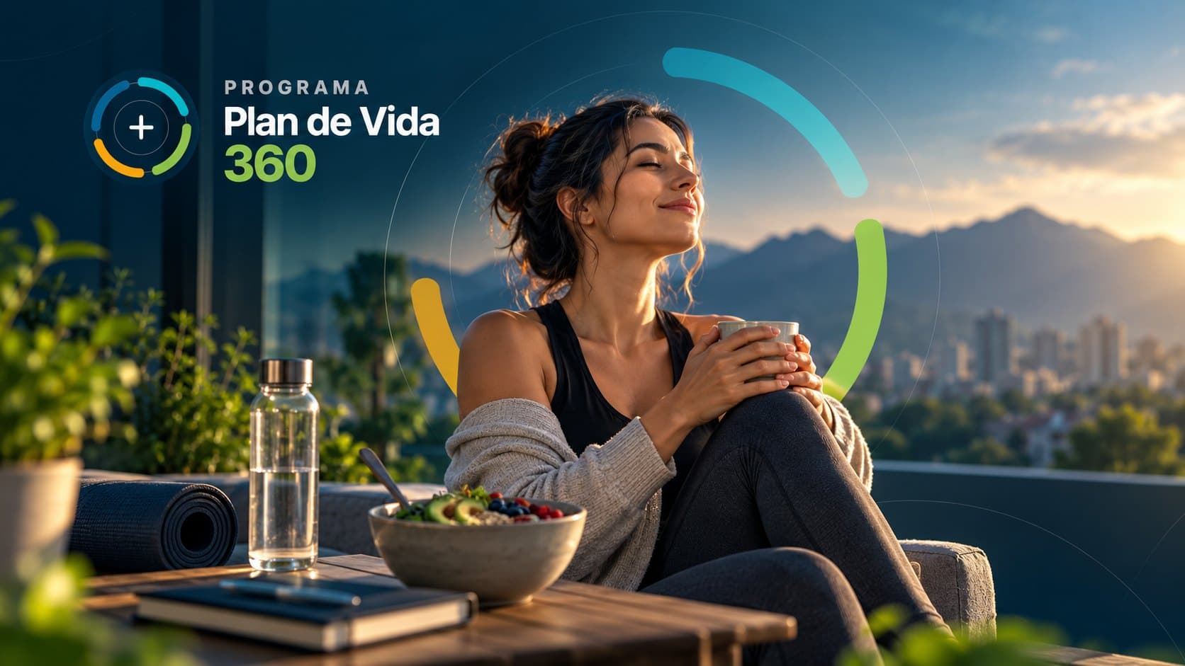 Mujer disfrutando un desayuno saludable al amanecer